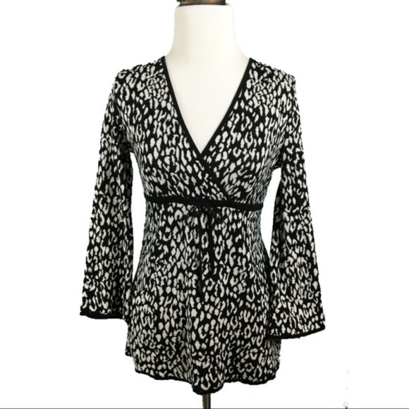 Michael Kors 100% cotton leopard cheetah wrap surplice babydoll knit sweater top - Picture 2 of 10